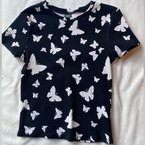 Black Baby Tee with White Butterflies